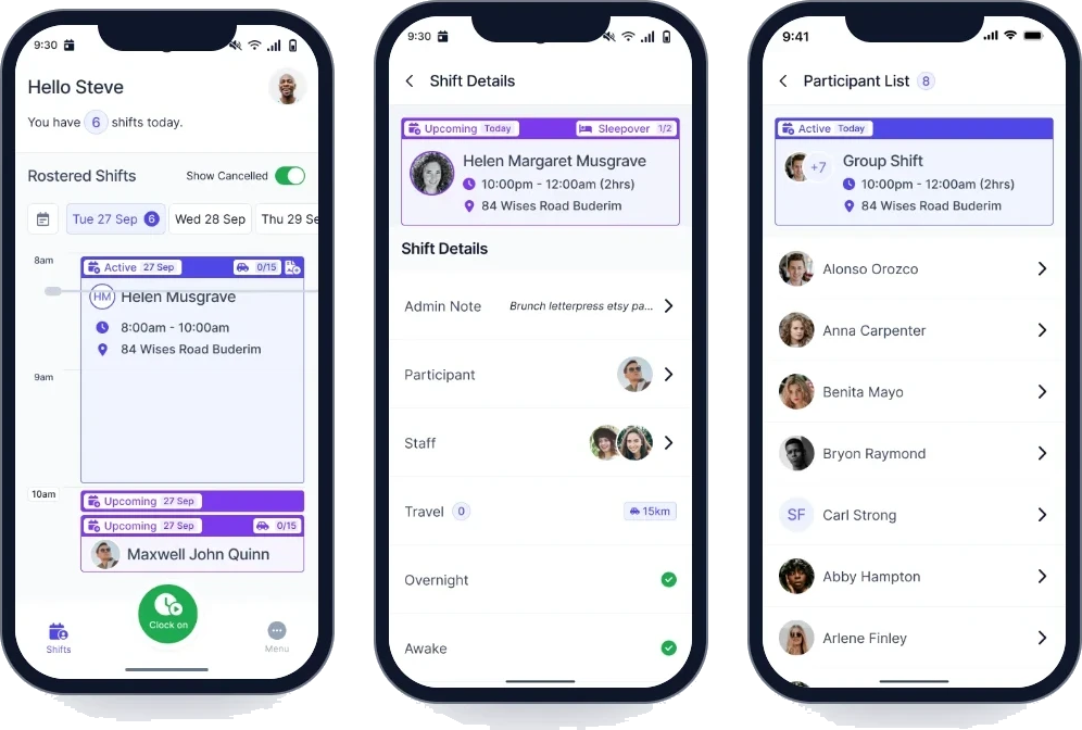 Three FlowLogic Workforce app screens showing rosters, shift details and participant lists